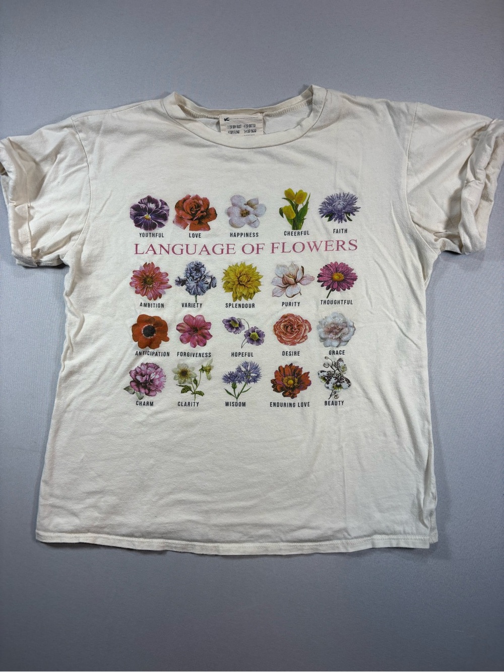 french pastry Cream Tee with Colorful Floral Graphic of the Language of Flowers